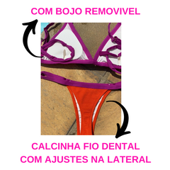 Biquíni Fita Marquinha Cortininha Fixa Calcinha Fio Dental Ajustes - Laranja Com Fucsia - Mariana Souza Store