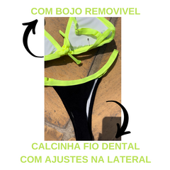 Biquíni Fita Marquinha Cortininha Fixa Calcinha Fio Dental Ajustes - Preto com Verde Neon - Mariana Souza Store