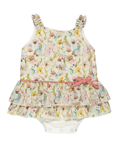 Macacão Curto Menina P/EG Off White Estampa De Flores Anjos Baby