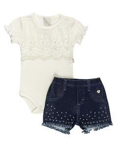 Conjunto Body/Shorts Jeans Menina P/18 Off White Anjos Baby