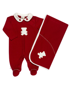 Kit Macacão E Manta Menina RN/P Vermelho Estampa De Urso Anjos Baby