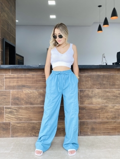 Calça wide leg linho azul - loja online