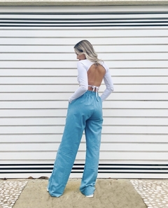 Calça wide leg linho azul na internet