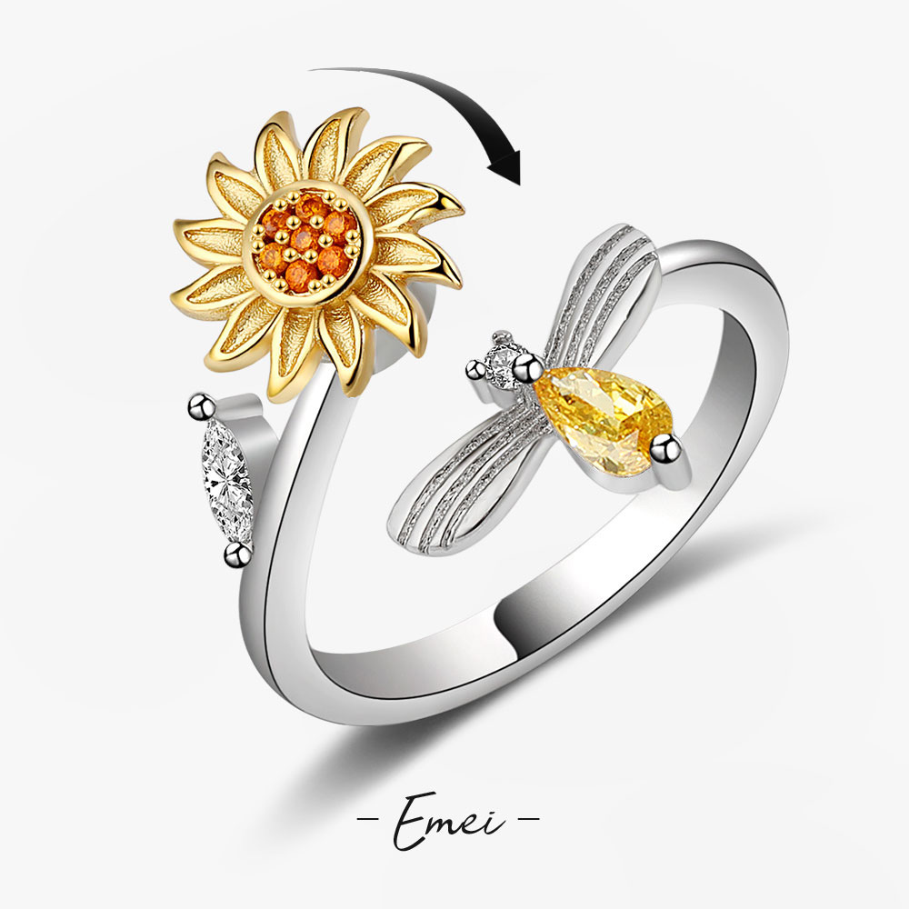 Anillo antiestrés de girasol para mujer Anillo de banda abierta ajustable  oso de fresa Electrónica