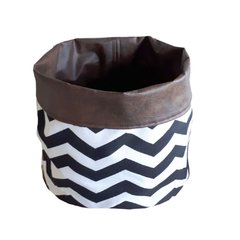 Cachepot Tecido Dupla Face Chevron PB e couro ecológico