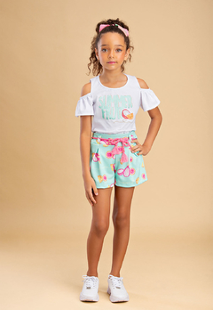 Conjunto Bika Kids Shorts Pitaya com Cinto e Blusa Aplique