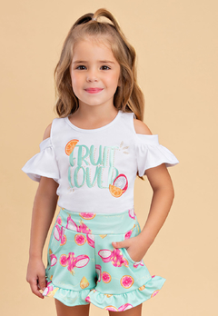 Conjunto Bika Kids Shorts Pitaya e Blusa Aplique Frutas Branco - comprar online