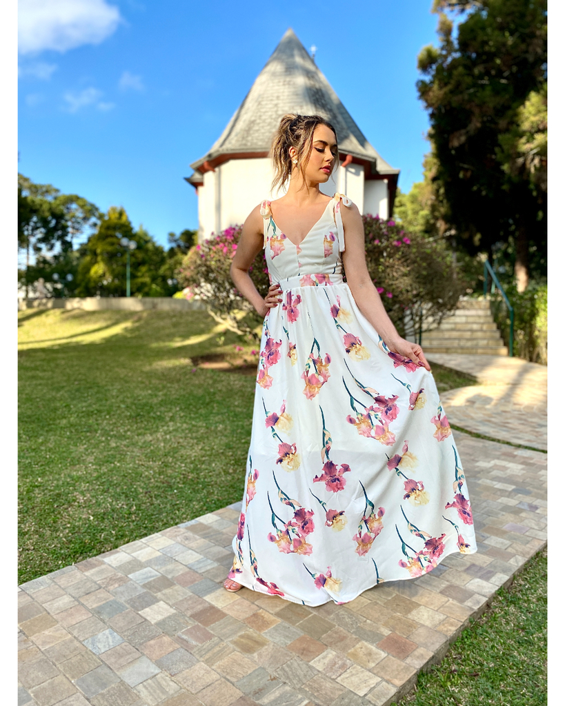 VESTIDO LONGO BRANCO ESTAMPA FLORAL FLUÍDO LAÇO OMBRO