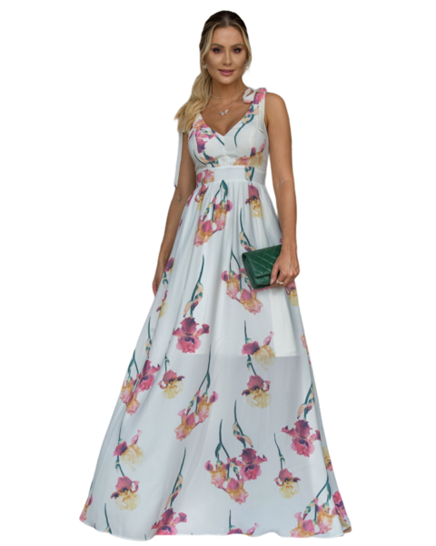 VESTIDO LONGO BRANCO ESTAMPA FLORAL FLUÍDO LAÇO OMBRO