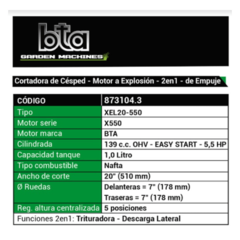 Cortadora de Cesped BTA Xel20-550 a Explosion 5.5 Hp 139cc - comprar online