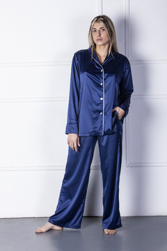 PILAR-Set Pijama largo de satén azul marino