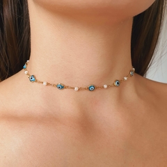 Colar Choker Olho Grego Azul Pérolas Banho Dourado 18K