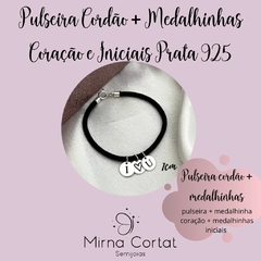 Pulseira Cordão + Medalhinhas Coração e Iniciais Prata 925