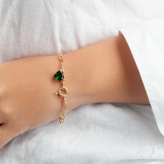 Pulseira Coração Coração Verde Fecho Boia 18cm banhado em ouro 18k