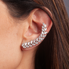 Brinco Ear Cuff Folhas Navete Cristal banhado em Ródio