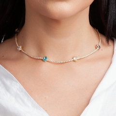 Chocker Riviera Gotas Colorido 36cm+10cm folheado em ouro 18k