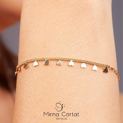 Pulseira Elo Grumet Corações Soldados 15cm+5cm banhado em ouro 18k