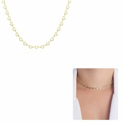 Chocker Corações Vazados 32cm+10cm banhado em ouro 18k