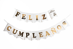 Banderín Feliz Cumpleaños Blanco con dorado