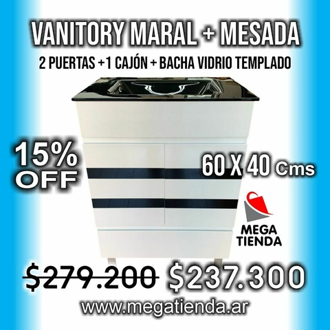 Vanitory MARAL KLEM 60 Cms mesada Vidrio Templado
