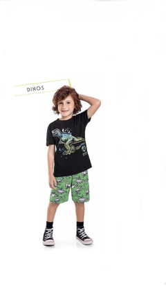 Conj. Dino camiseta preta + bermuda verde