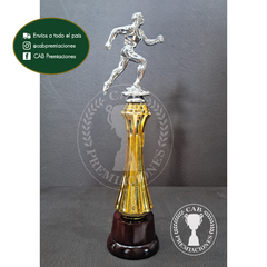 Trofeo Souvenir atletismo hombre corriendo plateado c/col alta en base madera