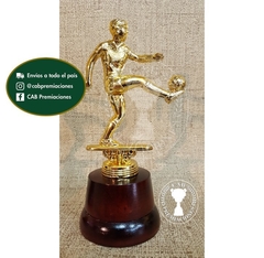 Trofeo Souvenir fútbol pateando en base de madera