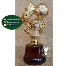 Trofeo Souvenir fútbol arco, botín, pelota en base de madera