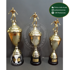 Trofeo metálico dorado c/fig fútbol masculino en base de madera