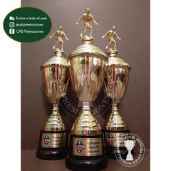 Trofeo metálico dorado c/fig fútbol masculino en base de madera - comprar online