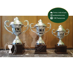 Copa c/asas y tapa Trophy metálica en base de madera - Challenger - comprar online