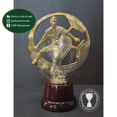 Trofeo Souvenir fútbol pelota calada dorada en base de madera