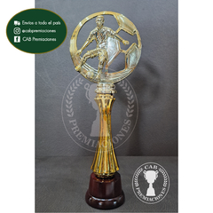 Trofeo Souvenir fútbol pelota calada dorada c/col alta en base madera