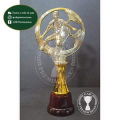 Trofeo Souvenir fútbol pelota calada dorada c/col baja en base madera