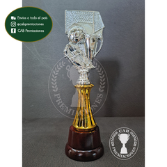 Trofeo Souvenir Fútbol Arco, Botín, Pelota plateado c/col baja en base madera