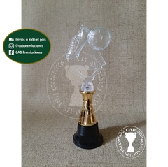 Trofeo Souvenir fútbol arco, botín, pelota transparente c/col baja en BN