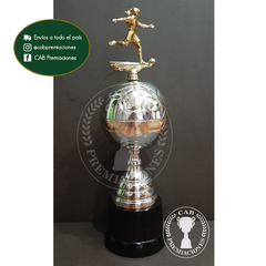 Trofeo copa pelota metálica c/fig fútbol femenino plateada en base de madera