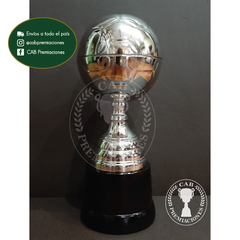 Trofeo copa pelota metálica plateada en base de madera