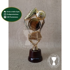 Trofeo Souvenir fútbol arco, botín, pelota p/centro en base de madera