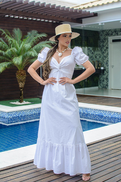 vestido longo, mangas bufantes