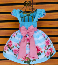 Vestido Floral Azul infantil festa azul com flores rosas rodado - comprar online