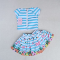 Conjunto Flamingo Blusa e Saia Azul - Hadassa Moda Infantil