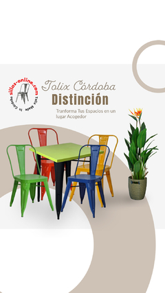 Banner de la categoría Mesa Tolix con tapa de chapa de 65cm por 65cm y 76cm de altura Con 4 Sillas Tolix de Chapa