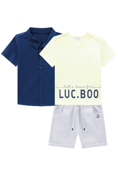 Conjunto Lucboo com 3 peças bebê de camisa em tricoline, camiseta e bermuda em sarja