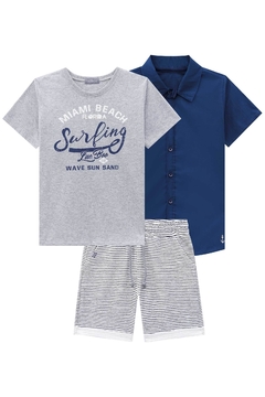 Conjunto Infantil Lucboo de camisa em tricoline com camiseta e bermuda