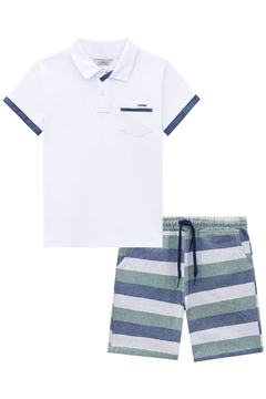 Conjunto de camisa polo e bermuda em sarja listrada