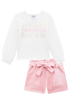 Conjunto Kukie Inverno Love Forever Blusa manga longa em tule com shorts