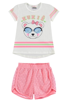 Conjunto Infantil Kukiê Neon Ursinha com shorts em tela