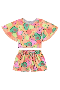 Conjunto Infantil Kukie frutas composto por cropped e shorts