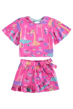 Conjunto Infantil Kukie com cropped e shorts saia estampa girafas e floresta